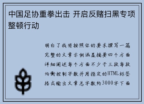中国足协重拳出击 开启反赌扫黑专项整顿行动