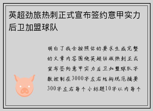 英超劲旅热刺正式宣布签约意甲实力后卫加盟球队