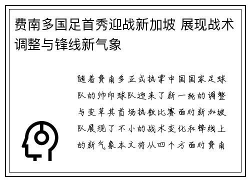 费南多国足首秀迎战新加坡 展现战术调整与锋线新气象 费南多国足首秀迎战新加坡 展现战术调整与锋线新气象